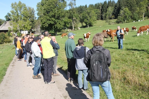 Der Zuchtleiter Dr. Franz Maus (r.) erläutert der Exkursionsgruppe die Vorzüge der Vorderwälderrinder auf dem Hierahof in Lenzkirch-Saig. © Naturpark Südschwarzwald